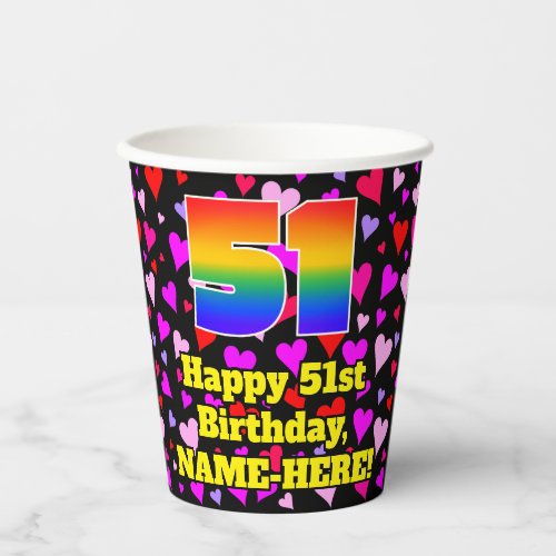 51st Birthday Loving Hearts Pattern Rainbow 51 Paper Cups