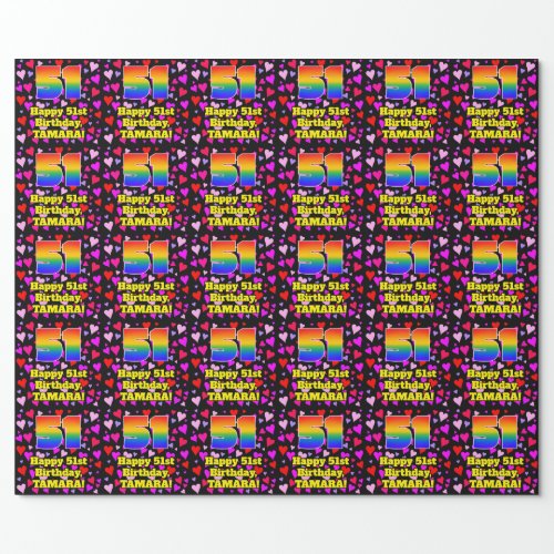 51st Birthday Loving Hearts Pattern Rainbow  51 Wrapping Paper