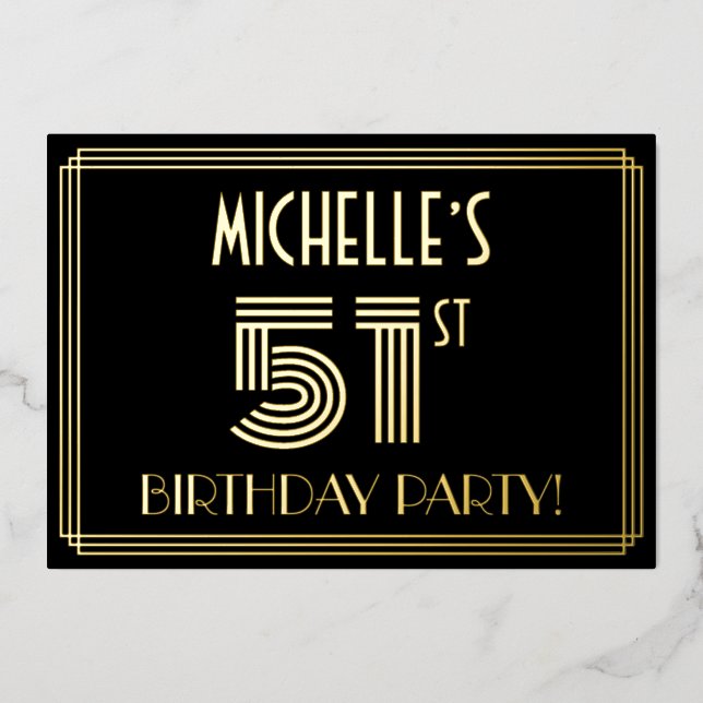 51st Birthday Party — Art Deco Style “51” + Name Foil Invitation (Front)