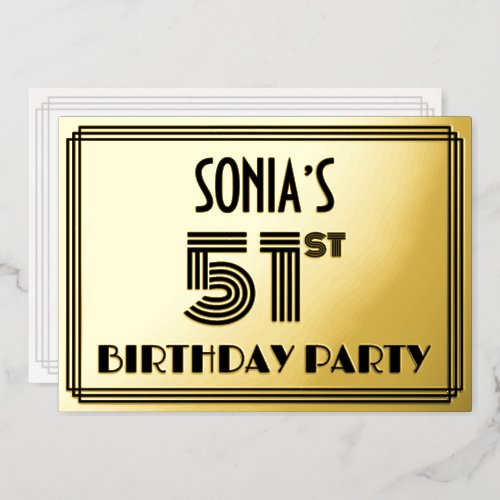 51st Birthday Party  Art Deco Style 51  Name Foil Invitation