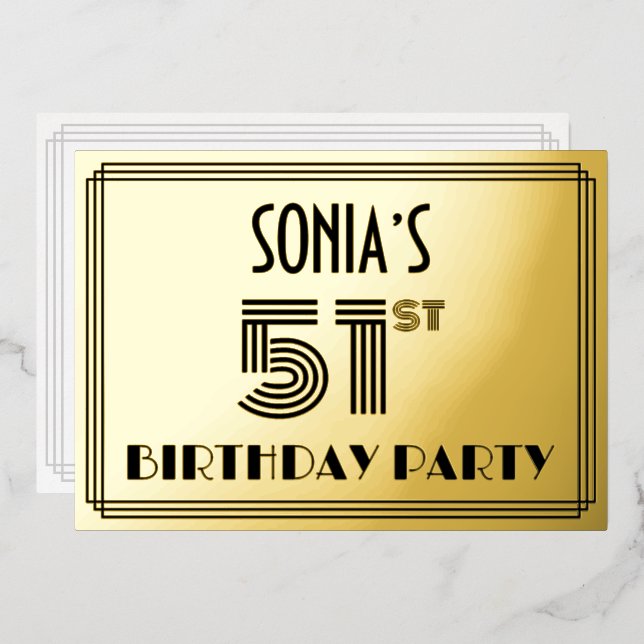51st Birthday Party — Art Deco Style “51” & Name Foil Invitation (Front/Back)