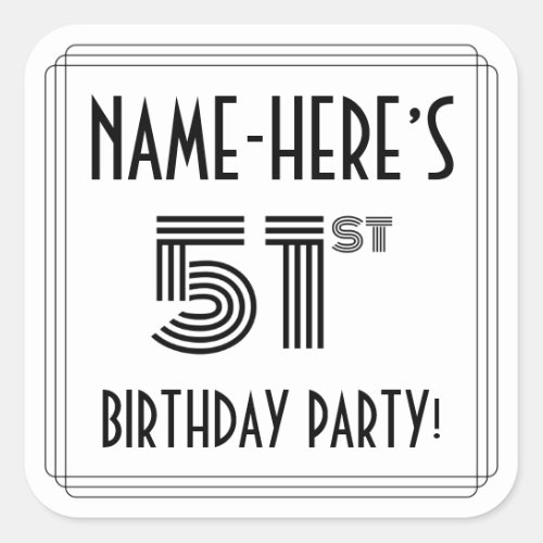 51st Birthday Party Art Deco Style  Custom Name Square Sticker
