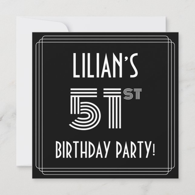 51st Birthday Party: Art Deco Style w/ Custom Name Invitation (Front)