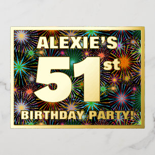 51st Birthday Party: Bold, Colorful Fireworks Look Foil Invitation Postcard