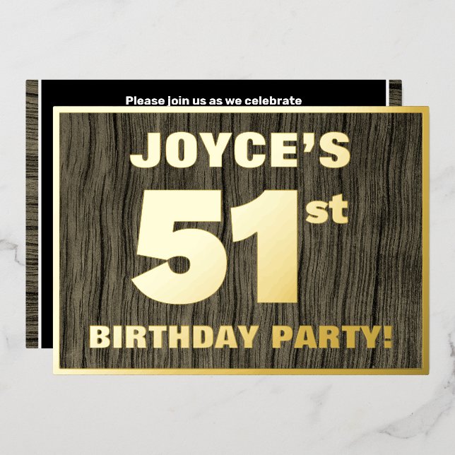 51st Birthday Party: Bold, Faux Wood Grain Pattern Foil Invitation (Front/Back)
