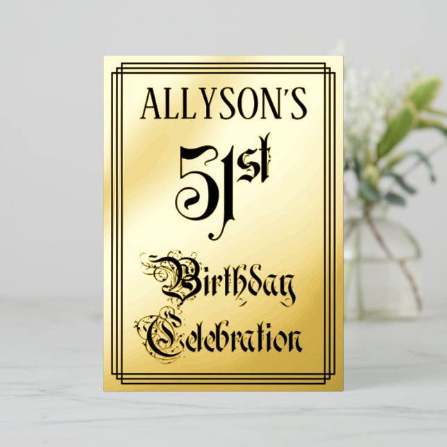 51st Birthday Party — Elegant Script + Custom Name Foil Invitation (Standing Front)