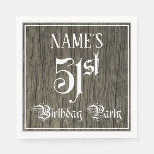 51st Birthday Party — Fancy Script, Faux Wood Look Napkins