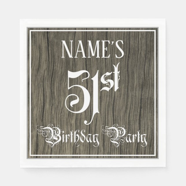 51st Birthday Party — Fancy Script, Faux Wood Look Napkins (Front)