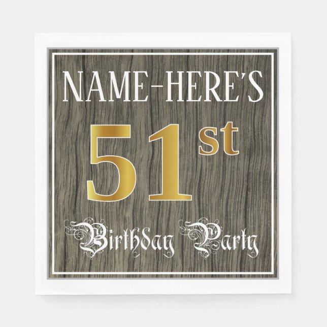 51st Birthday Party — Faux Gold & Faux Wood Looks Napkins (Front)