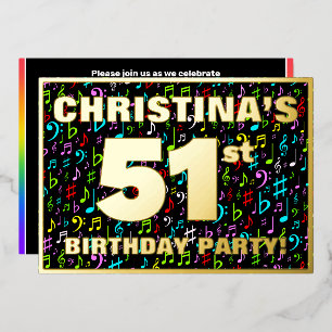 51st Birthday Party — Fun, Colorful Music Symbols Foil Invitation