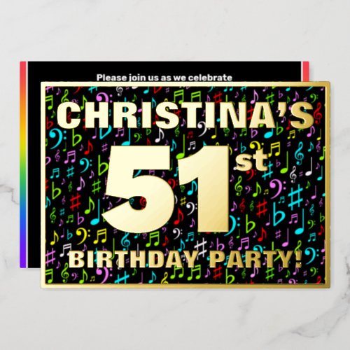 51st Birthday Party  Fun Colorful Music Symbols Foil Invitation