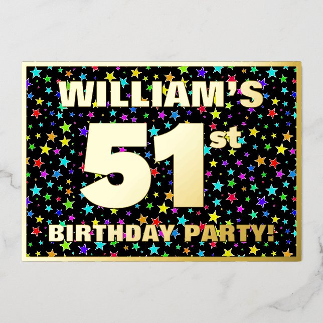 51st Birthday Party — Fun, Colorful Stars Pattern Foil Invitation (Front)