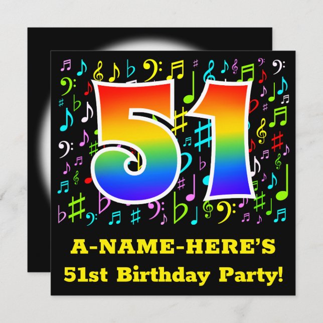 51st Birthday Party: Fun Music Symbols, Rainbow 51 Invitation (Front/Back)