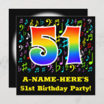[ Thumbnail: 51st Birthday Party: Fun Music Symbols, Rainbow 51 Invitation ]