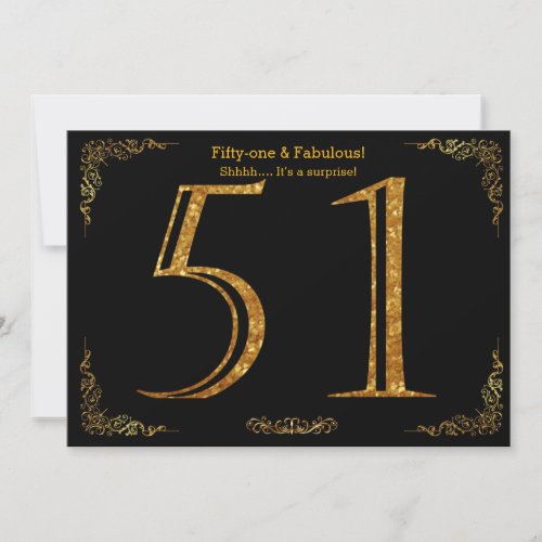 51st Birthday partyGatsby stylblack gold glitter Invitation