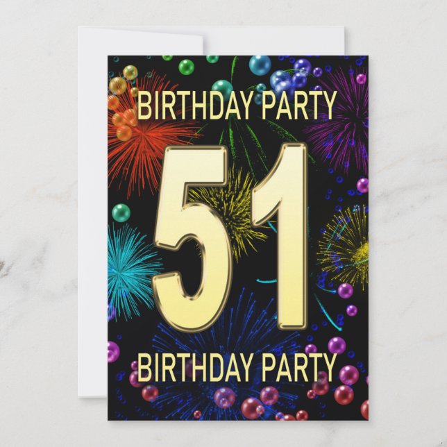 51st Birthday Party Invitation Fireworks Bubbles (Front)