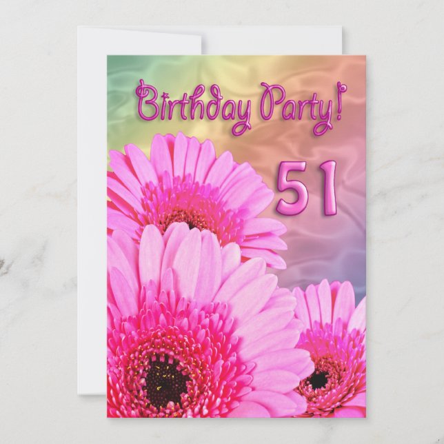 51st Birthday party invitation with pink flowers (Front)