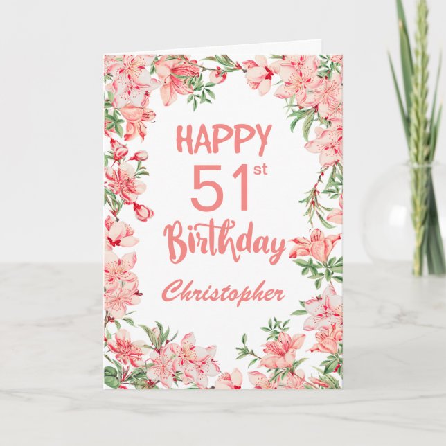 51st Birthday Pink Peach Peonies Watercolor Floral Card (Front)
