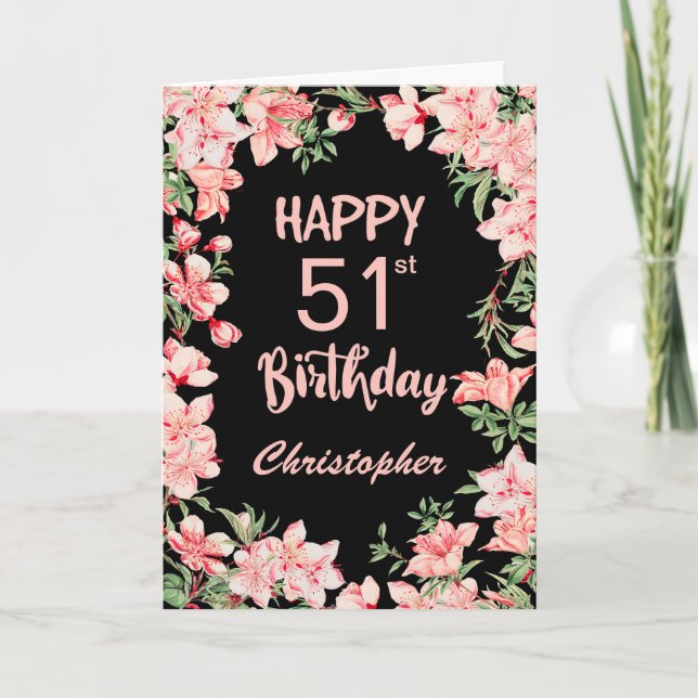 51st Birthday Pink Peach Watercolor Floral Black Card (Front)