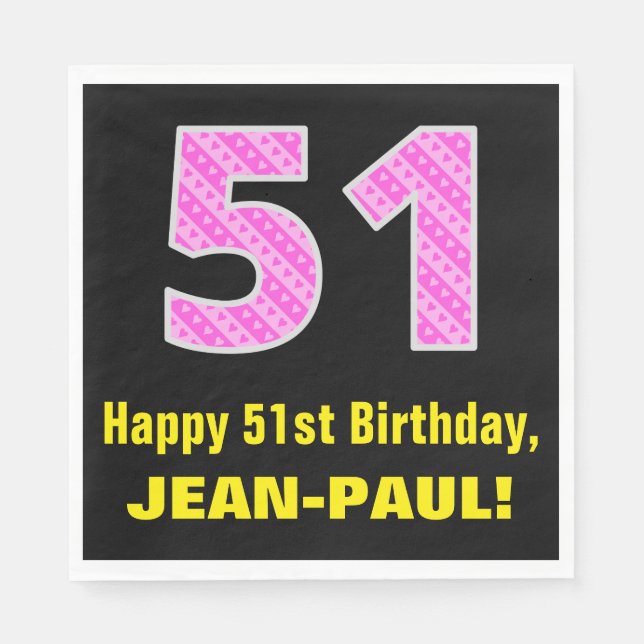 51st Birthday: Pink Stripes and Hearts "51" + Name Napkins (Front)