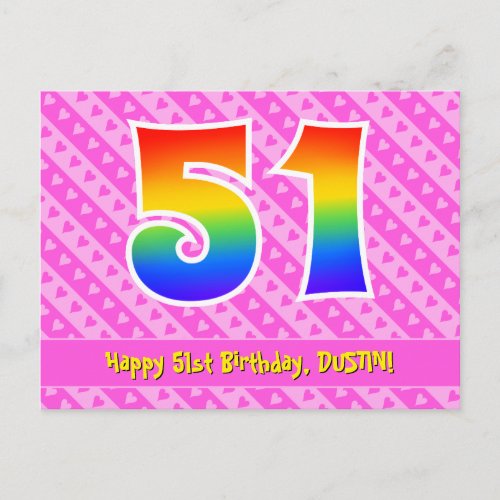 51st Birthday Pink Stripes  Hearts Rainbow 51 Postcard