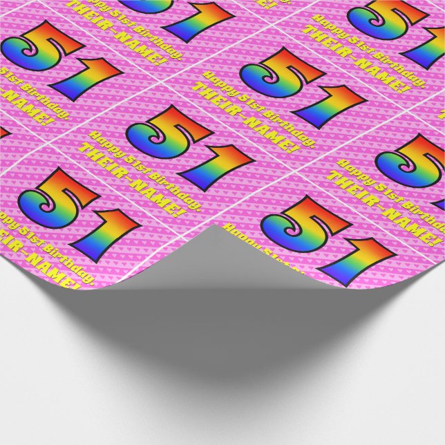 51st Birthday: Pink Stripes & Hearts, Rainbow # 51 Wrapping Paper (Corner)