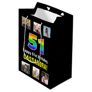 51st Birthday: Rainbow “51“, Custom Photos & Name Medium Gift Bag