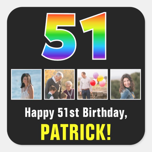 51st Birthday: Rainbow “51”; Custom Photos & Name Square Sticker (Front)