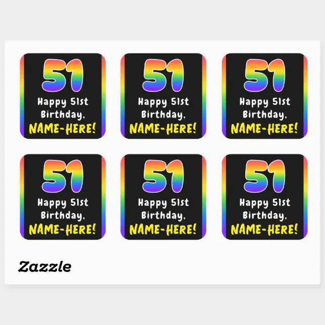 51st Birthday: Rainbow Spectrum # 51, Custom Name Square Sticker | Zazzle