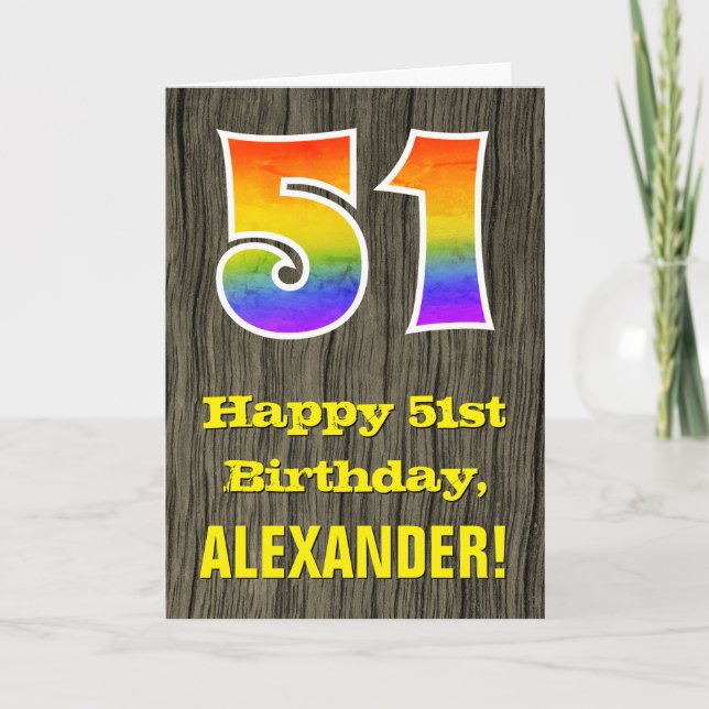 51st Birthday: Rustic Faux Wood Look, Rainbow "51" Card (Front)