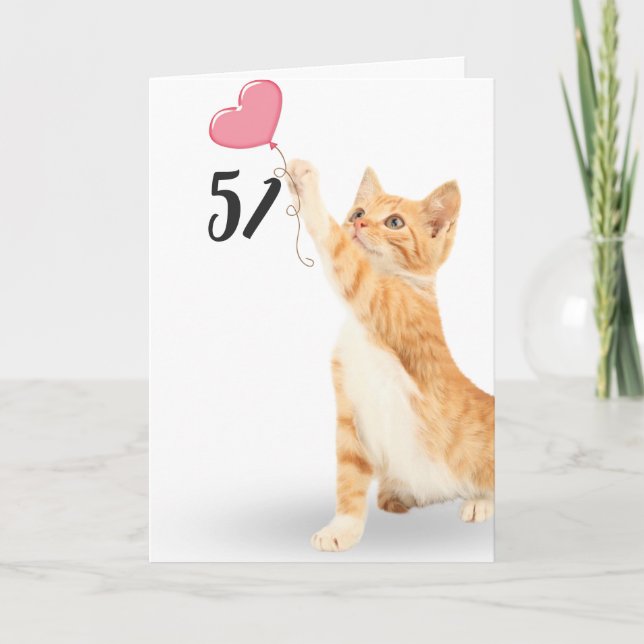51st birthday tabby cat with heart balloon card (Front)