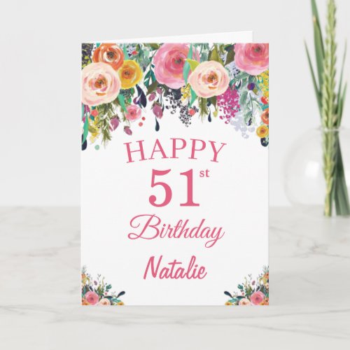 51st Birthday Watercolor Floral Flowers Pink Card
