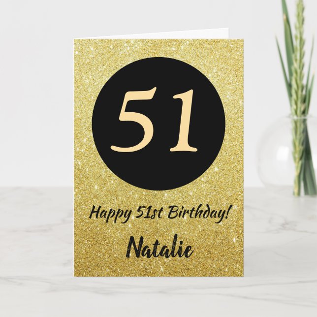 51st Happy Birthday Black and Gold Glitter Card (Front)