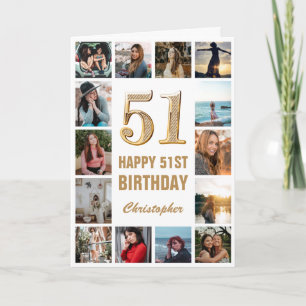 51st Happy Birthday Gold and White Photo Collage Card