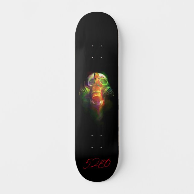 5280 skull and gas mask skateboard (Front)