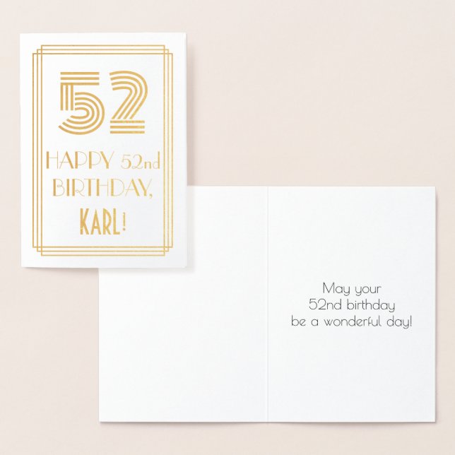 52nd Birthday - Art Deco Inspired Look "52" & Name Foil Card (Display)