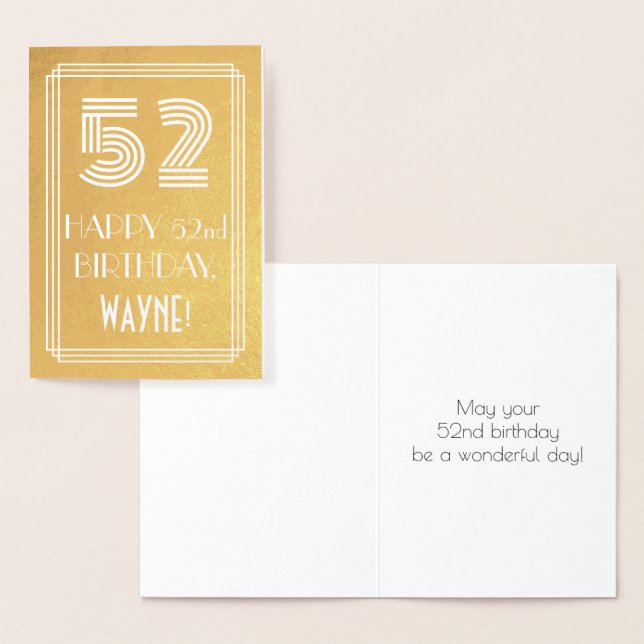52nd Birthday – Art Deco Inspired Look "52" + Name Foil Card (Display)