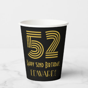 52nd Birthday: Art Deco Inspired Look “52” & Name Paper Cups