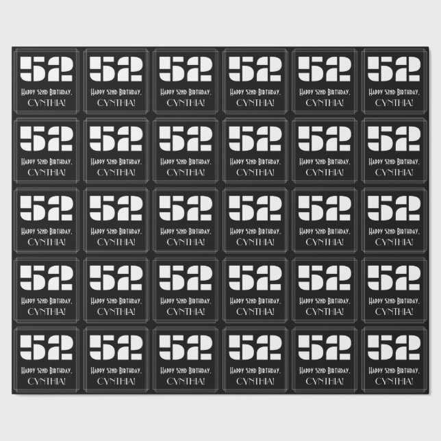 52nd Birthday: Art Deco Inspired Look "52" & Name Wrapping Paper (Seam)