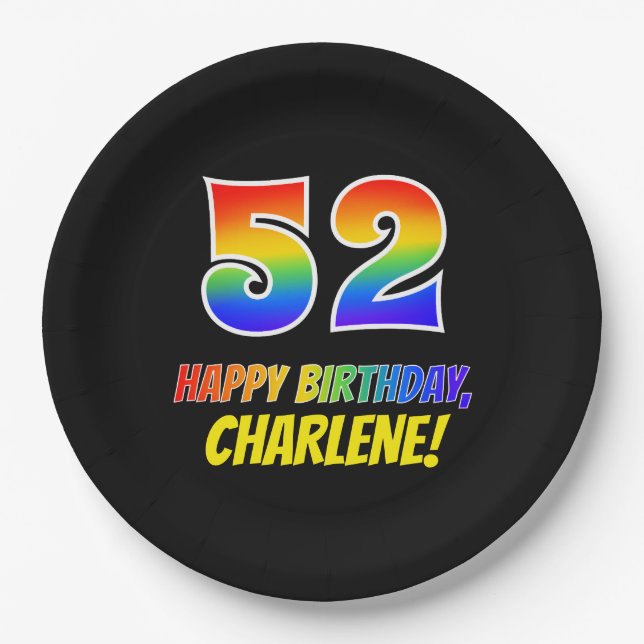 52nd Birthday: Bold, Fun, Simple, Rainbow 52 Paper Plates (Front)