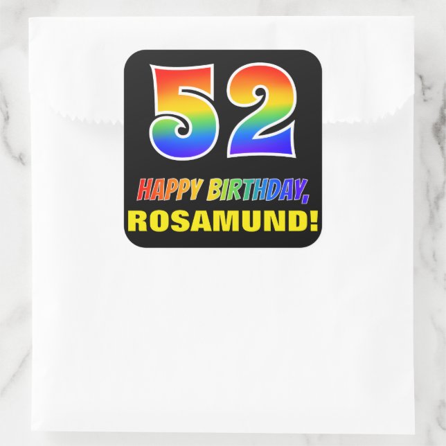 52nd Birthday: Bold, Fun, Simple, Rainbow 52 Square Sticker (Bag)