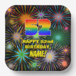 [ Thumbnail: 52nd Birthday: Colorful, Fun Celebratory Fireworks Paper Plates ]