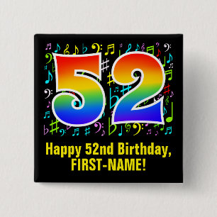 52nd Birthday: Colorful Music Symbols, Rainbow 52 Button