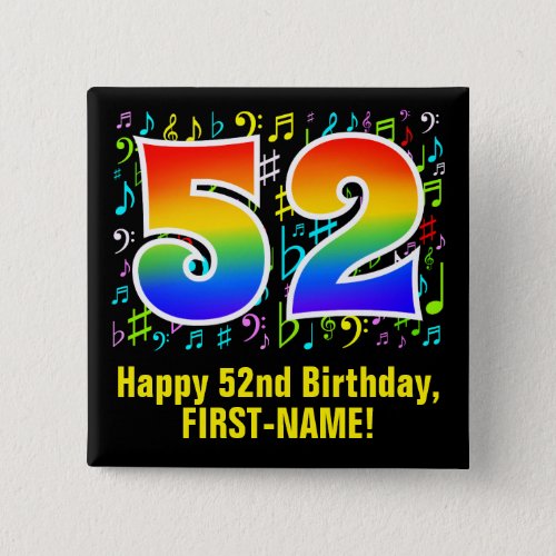 52nd Birthday Colorful Music Symbols Rainbow 52 Button