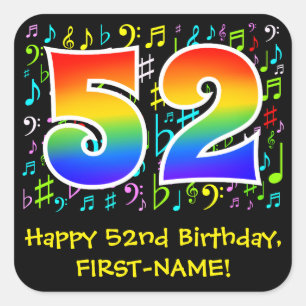 52nd Birthday: Colorful Music Symbols, Rainbow 52 Square Sticker