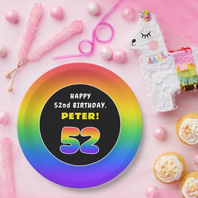 52nd Birthday: Colorful Rainbow # 52, Custom Name Paper Plates (Party)
