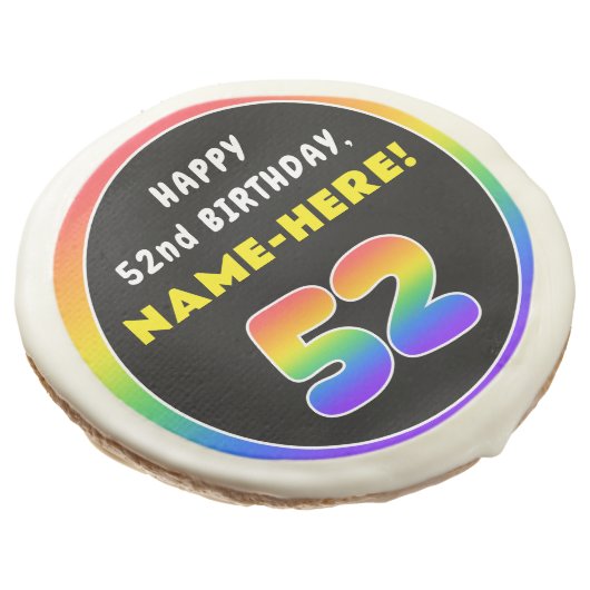 52nd Birthday: Colorful Rainbow # 52, Custom Name Sugar Cookie (Angled)