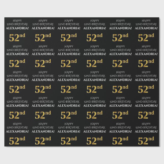 52nd Birthday: Elegant, Black, Faux Gold Look Wrapping Paper (Flat)