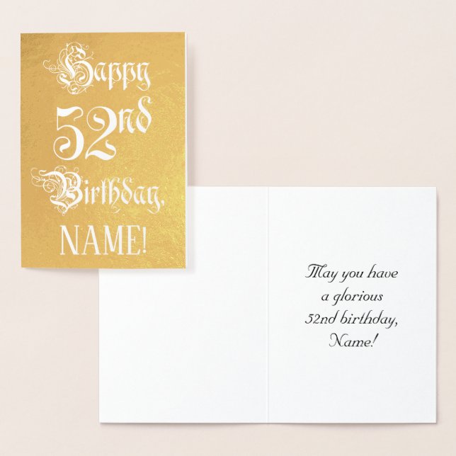 52nd Birthday: Elegant, Ornate Script; Custom Name Foil Card (Display)