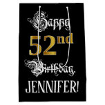 [ Thumbnail: 52nd Birthday ~ Fancy Script; Faux Gold Look; Name Gift Bag ]